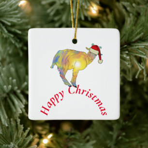 Funny Christmas Goat Santa Ceramic Ornament