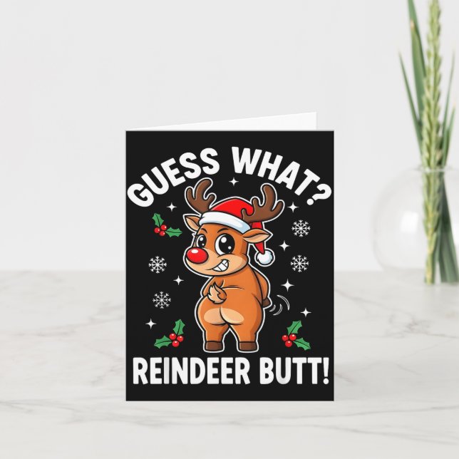 Funny Christmas Guess What Reindeer Butt Santa Hat Card (Front)