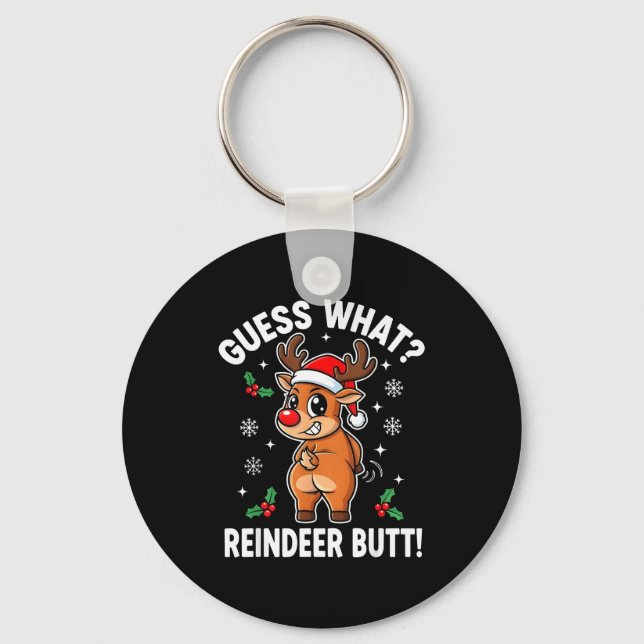Funny Christmas Guess What Reindeer Butt Santa Hat Key Ring (Front)