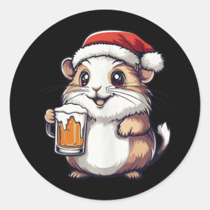 Funny Christmas Hamster With Beer Comic Classic Round Sticker