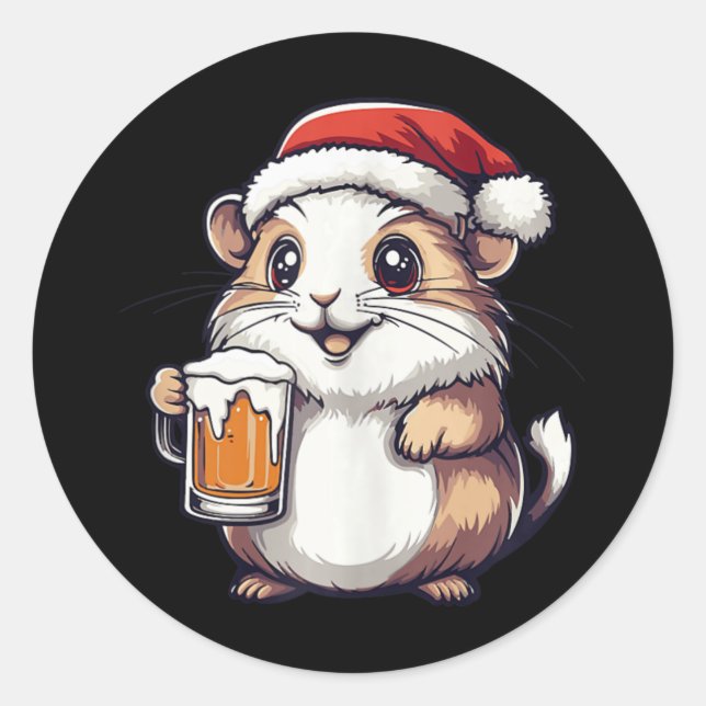 Funny Christmas Hamster With Beer Comic  Classic Round Sticker (Front)