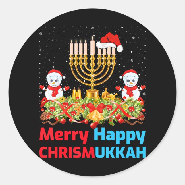 Funny Christmas Hanukkah Santa Hat Menorah Classic Round Sticker (Front)