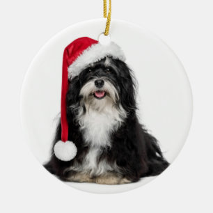 Funny Christmas Havanese Dog With Santa Hat Ceramic Tree Decoration