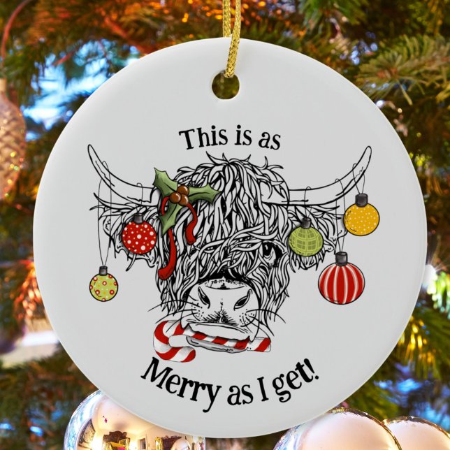 Funny Christmas Highland Cow Ceramic Ornament (funny highland cow ornament)