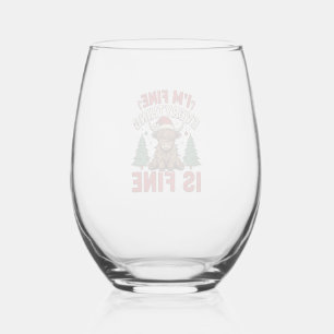 Funny Christmas Highland Cow I’m Fine Everything I Stemless Wine Glass