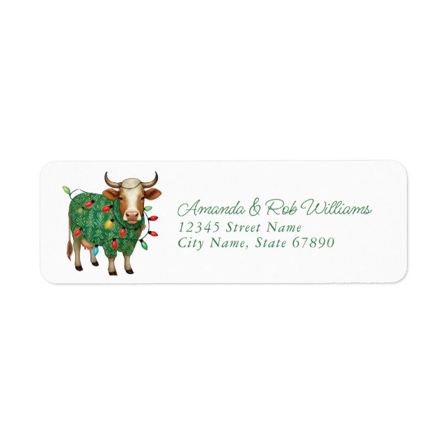 Funny Christmas Highland Cow Return Address Labels (Front)
