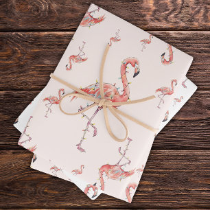 Funny Christmas Holiday Flamingo Lights White Pink Wrapping Paper Sheet