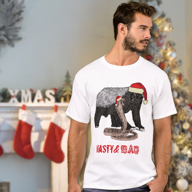 Funny Christmas Honey Badger and Snake Slogan T-Shirt (Funny christmas honey badger nasty and bad quote T-Shirt honey badger and snake wearing Santa hats )