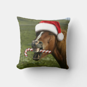 Funny Christmas horse with Santa hat smiling Cushion