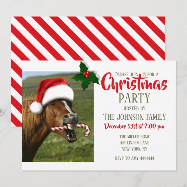 Funny Christmas horse with Santa hat smiling       Invitation (Front/Back)