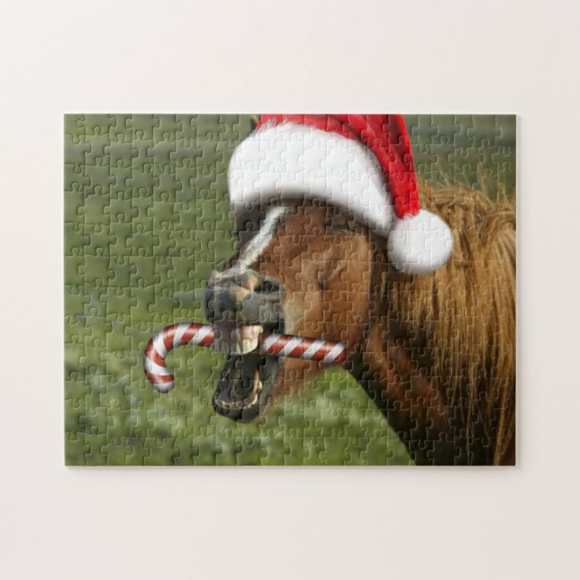 Funny Christmas horse with Santa hat smiling Jigsaw Puzzle (Horizontal)