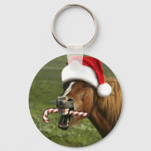Funny Christmas horse with Santa hat smiling Key Ring