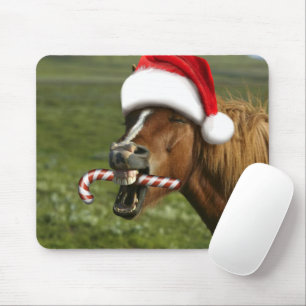 Funny Christmas horse with Santa hat smiling Mouse Pad
