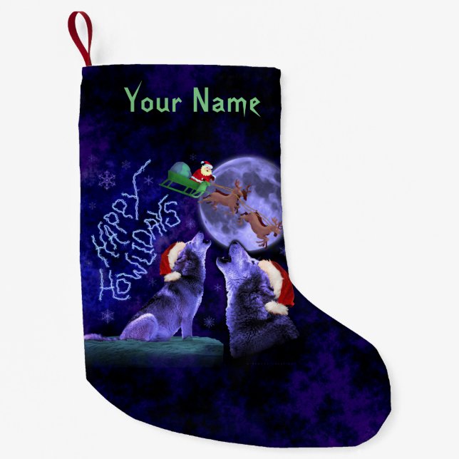 Funny Christmas Howlidays Wolf Pun Custom Name Small Christmas Stocking (Front)