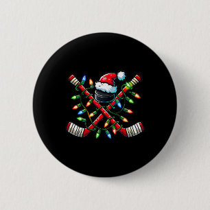 Funny Christmas Ice Hockey Sticks Santa Hat Lights 6 Cm Round Badge
