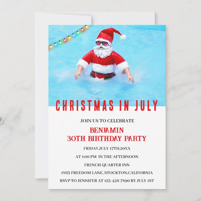 Funny Christmas In July Birthday Pool Party  Invitation (Front)