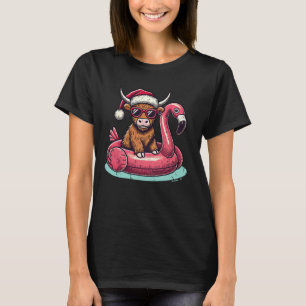 Funny Christmas in July Highland Cow Santa Flaming T-Shirt