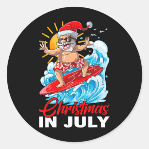 Funny Christmas In July Santa Surfing Summer Beach Classic Round Sticker