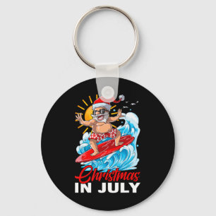 Funny Christmas In July Santa Surfing Summer Beach Key Ring