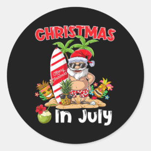 Funny Christmas In July Santa Surfing Summer Tiki Classic Round Sticker