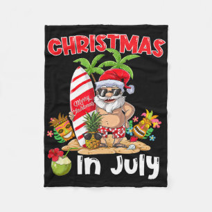 Funny Christmas In July Santa Surfing Summer Tiki Fleece Blanket