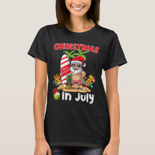 Funny Christmas In July Santa Surfing Summer Tiki T-Shirt