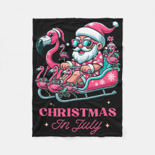 Funny Christmas In July Summer Santa Flamingo Slei Fleece Blanket