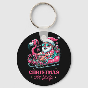 Funny Christmas In July Summer Santa Flamingo Slei Key Ring
