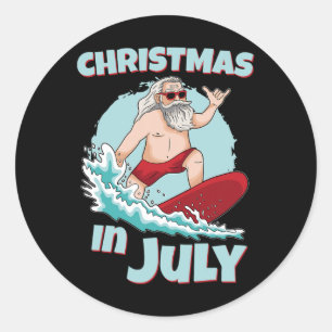 Funny Christmas In July Summer Santa Surfing Surfb Classic Round Sticker