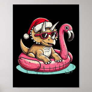 Funny Christmas In July Triceratops Santa Flamingo Poster