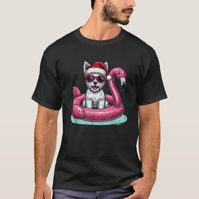 Funny Christmas in July Westie Dog Santa Flamingo  T-Shirt (Front)