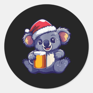 Funny Christmas Koala With Beer Comic Classic Round Sticker