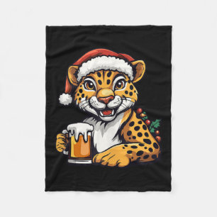 Funny Christmas Leopard With Beer Comic Fleece Blanket