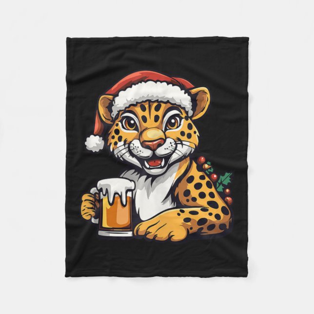 Funny Christmas Leopard With Beer Comic  Fleece Blanket (Front)