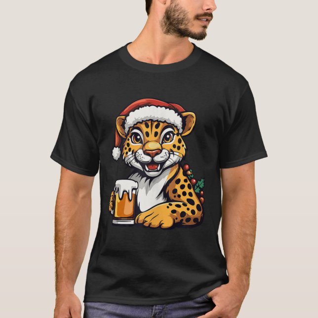 Funny Christmas Leopard With Beer Comic  T-Shirt (Front)