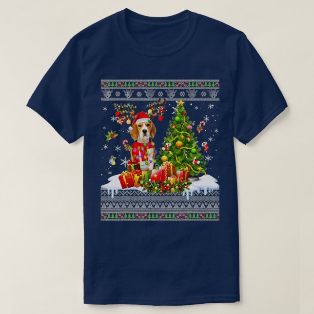 Funny Christmas Lights Beagle Dog Funny Xmas Ugly  T-Shirt (Design Front)