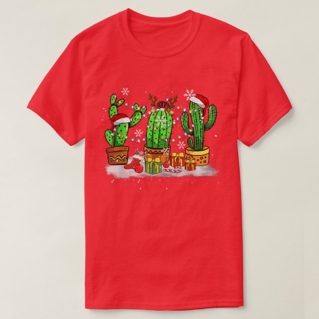 Funny Christmas Lights Cactus Santa Hat Cactus Lov T-Shirt (Design Front)