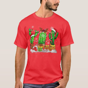 Funny Christmas Lights Cactus Santa Hat Cactus Lov T-Shirt