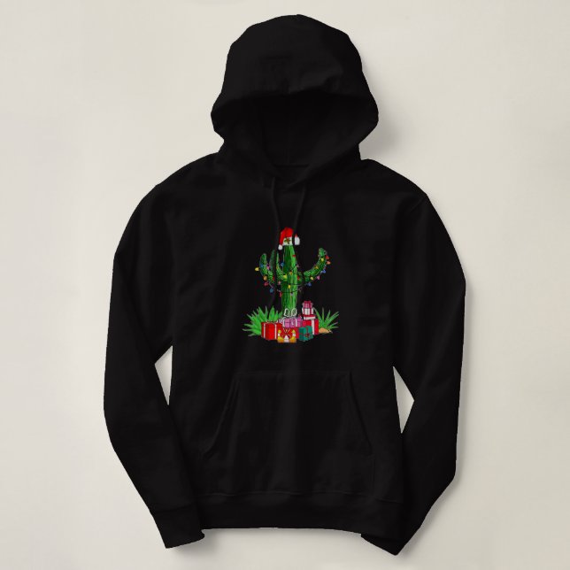 Funny Christmas Lights Cactus Santa Hat Lovers Xma Hoodie (Design Front)