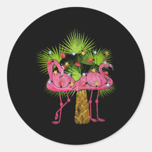 Funny Christmas Lights Flamingos Summer Christmas Classic Round Sticker