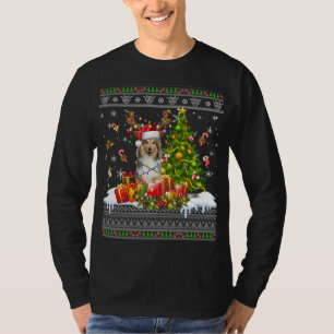 Funny Christmas Lights Sheltie Dog Funny Xmas Ugly T-Shirt
