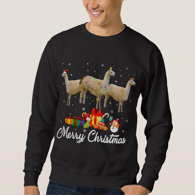 Funny Christmas Lights Xmas Pajama Llama Animals L Sweatshirt (Front)