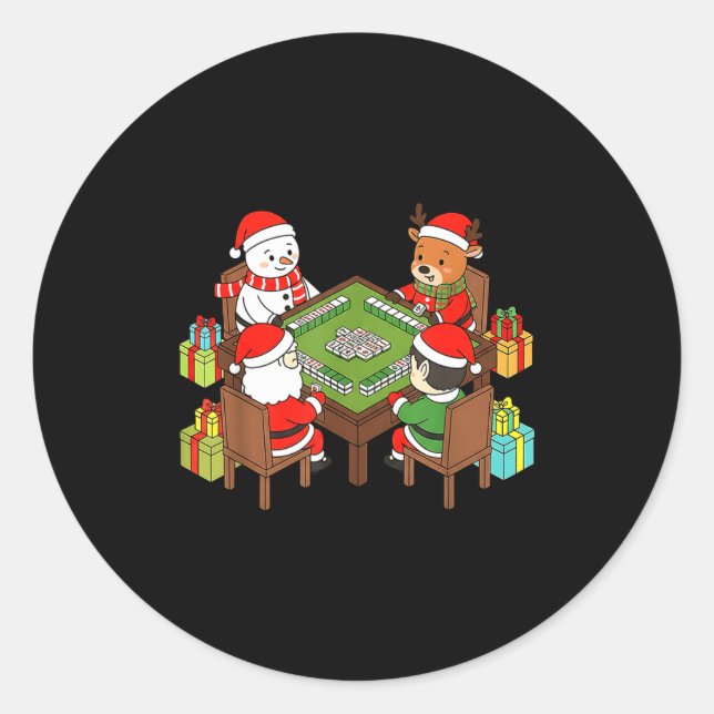 Funny Christmas Mahjong Santa Snowman Elf Reindeer Classic Round Sticker (Front)