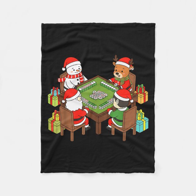 Funny Christmas Mahjong Santa Snowman Elf Reindeer Fleece Blanket (Front)