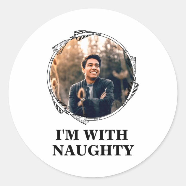 Funny Christmas Matching Couple Naughty Nice Photo Classic Round Sticker (Front)
