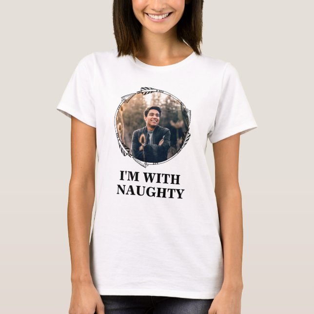 Funny Christmas matching couple naughty nice photo T-Shirt (Front)