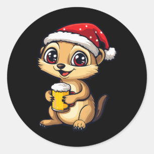 Funny Christmas Meerkat With Beer Comic Classic Round Sticker