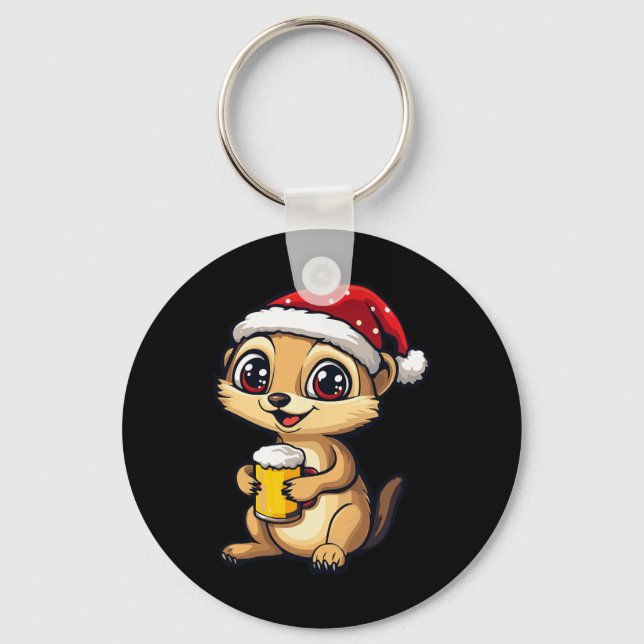 Funny Christmas Meerkat With Beer Comic  Key Ring (Front)