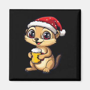 Funny Christmas Meerkat With Beer Comic Magnet