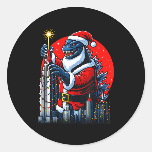 Funny Christmas Monster Santazilla Holiday Dinosau Classic Round Sticker (Front)